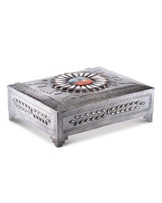 Large Navajo Silver Box with Inlaid Sun Face