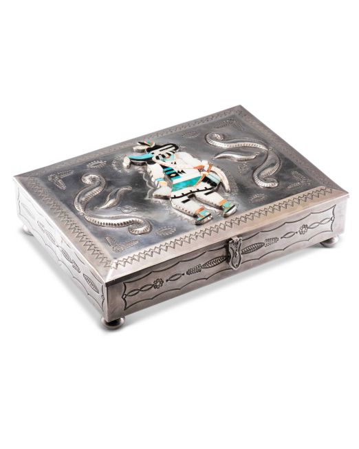 Large Navajo Silver Box with Inlaid Zuni One Horn Katsina