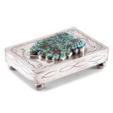 Navajo Silver Box with Leekya Deyuse Turquoise Leaf Fetish Carving