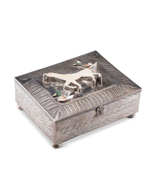 Navajo Silver Box with Zuni Inlaid Dog and Bird Motif