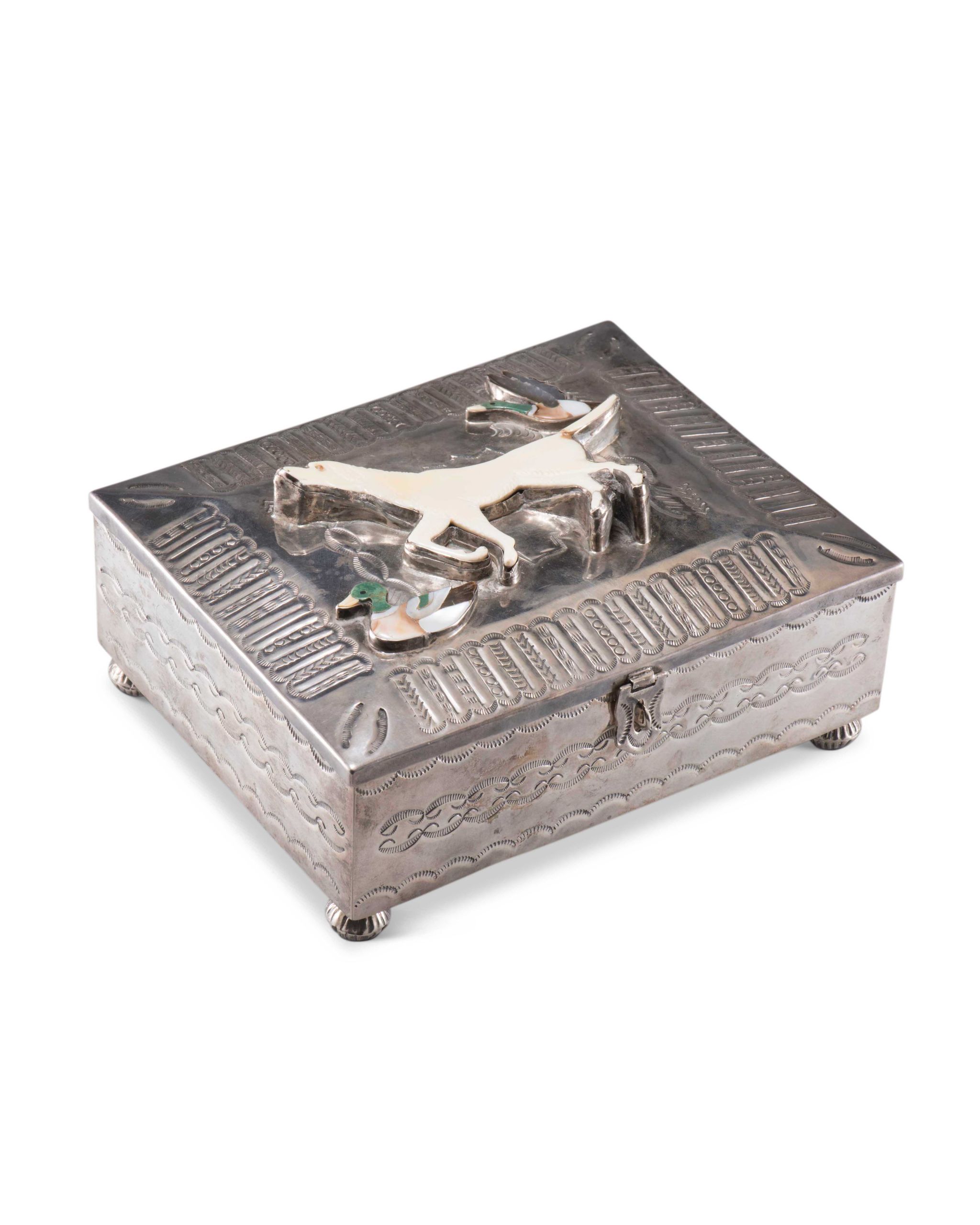 Navajo Silver Box with Zuni Inlaid Dog and Bird Motif