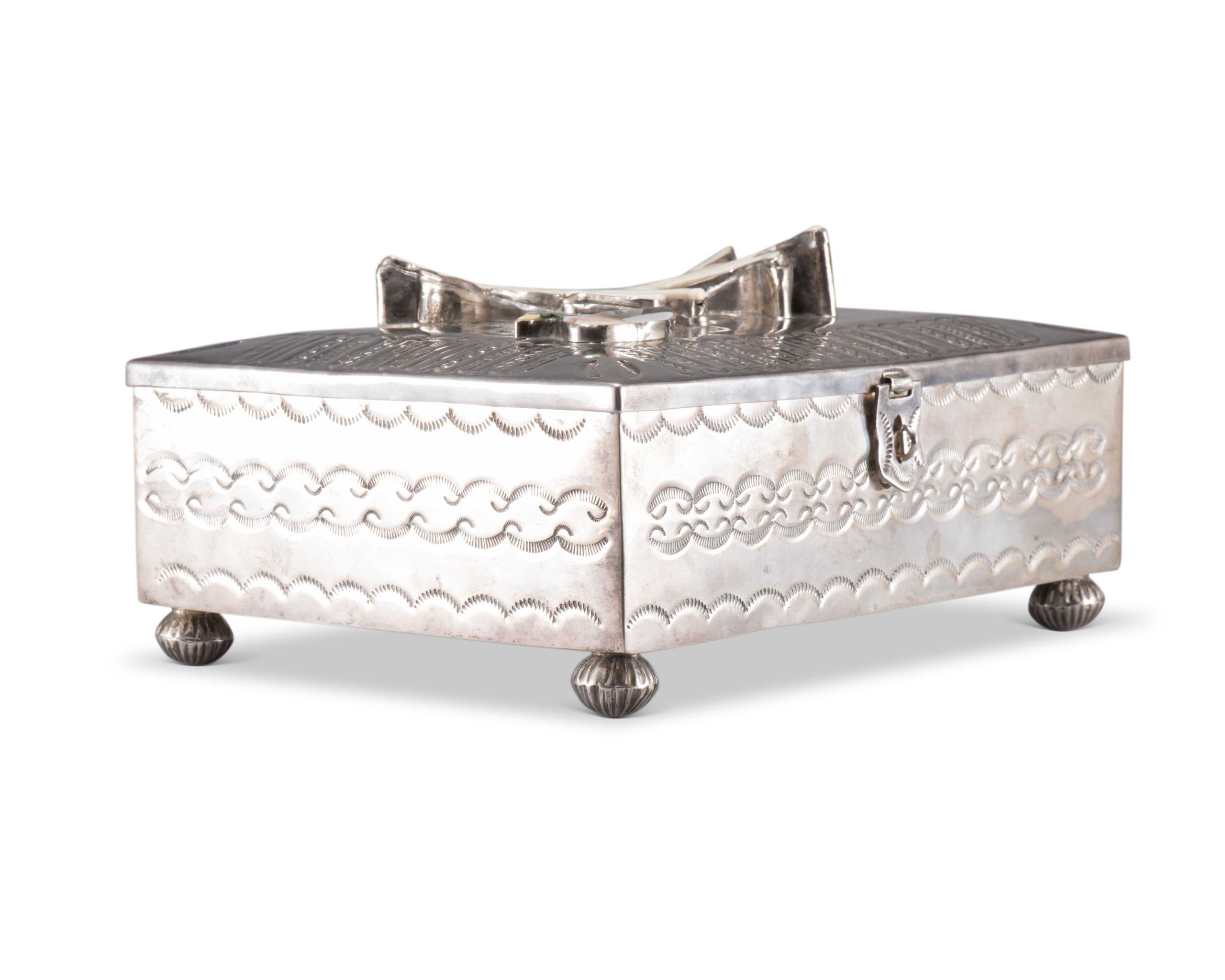 Navajo Silver Box with Zuni Inlaid Dog and Bird Motif