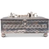 Navajo Silver Box with Zuni Inlaid Dog and Bird Motif