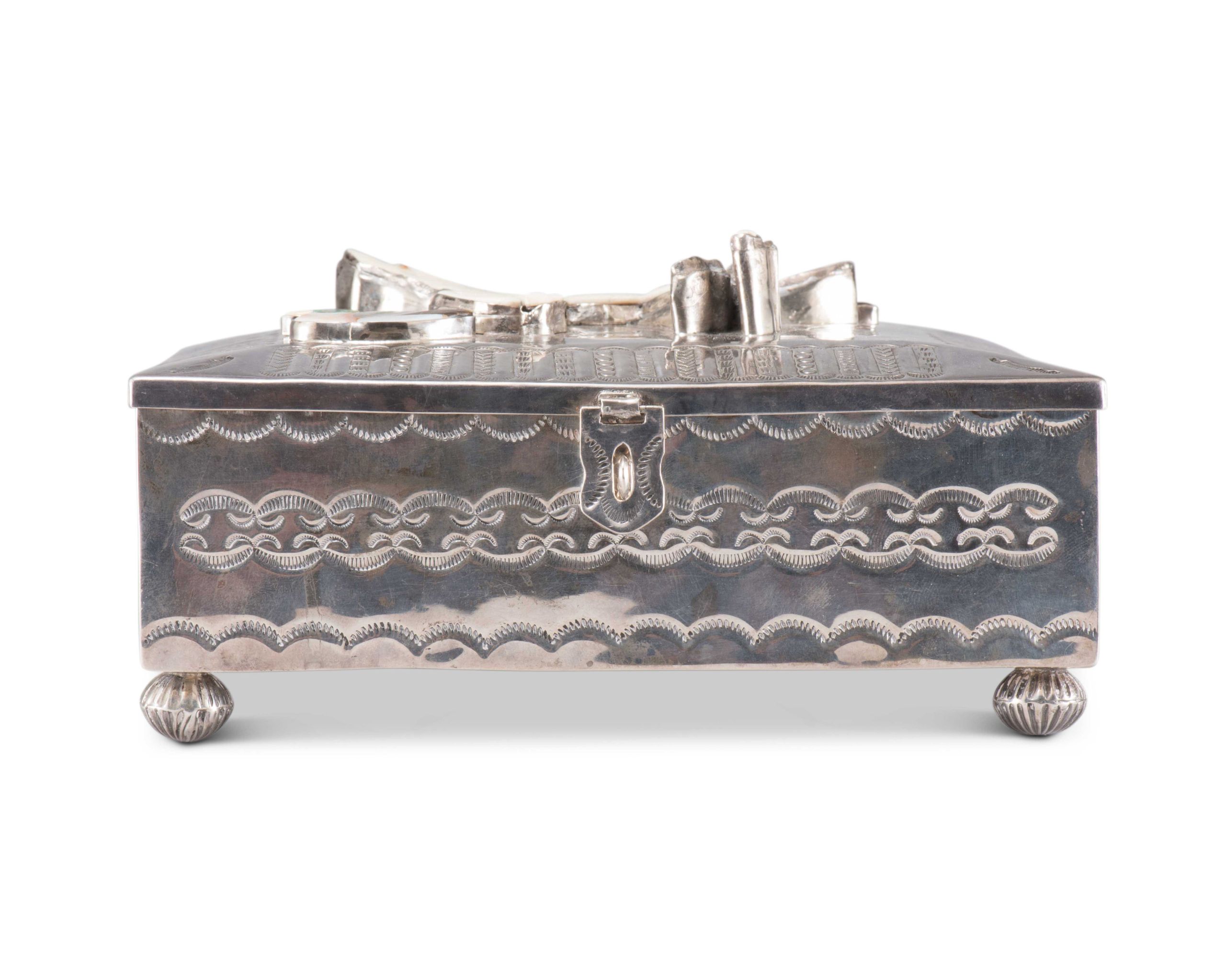 Navajo Silver Box with Zuni Inlaid Dog and Bird Motif