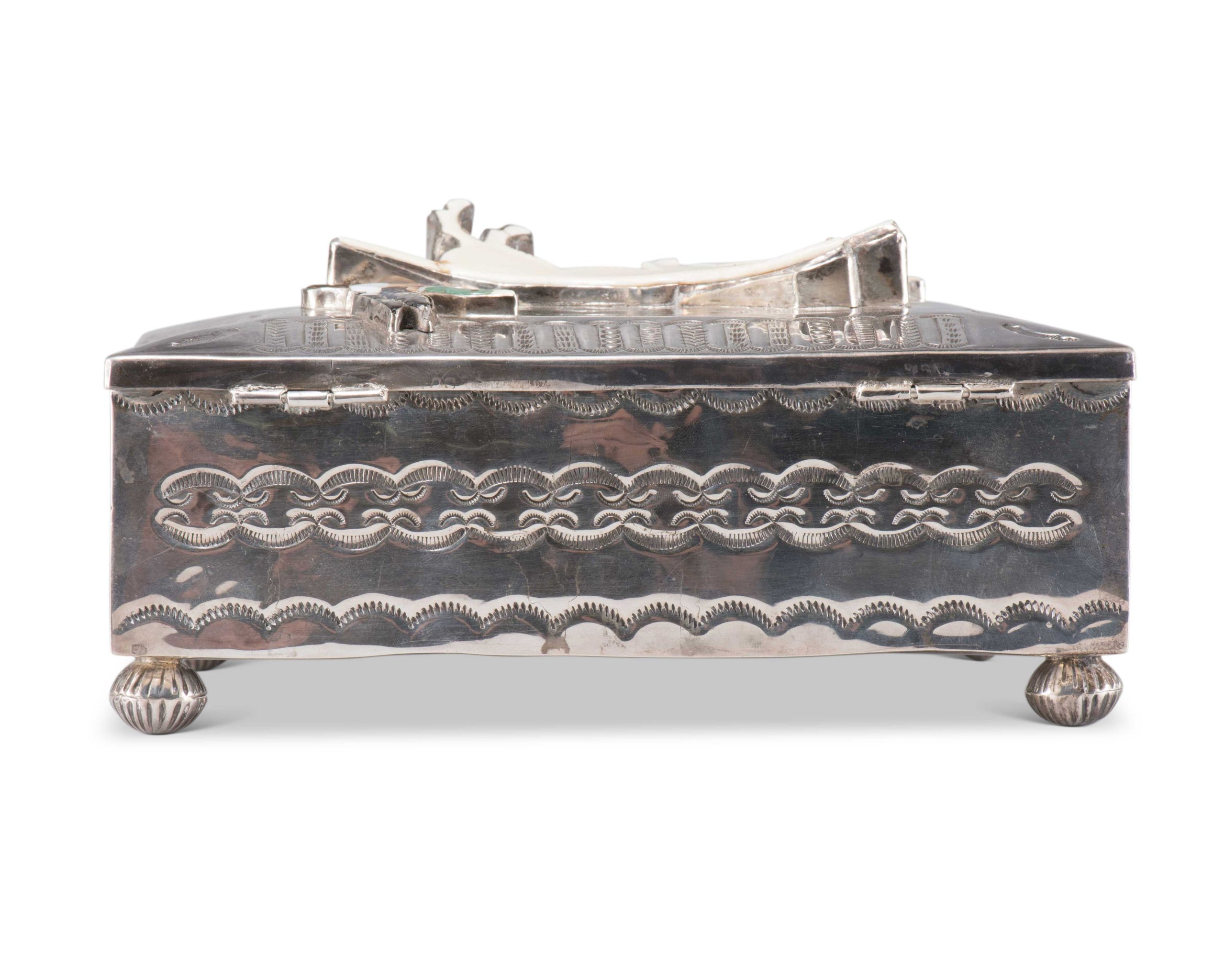 Navajo Silver Box with Zuni Inlaid Dog and Bird Motif
