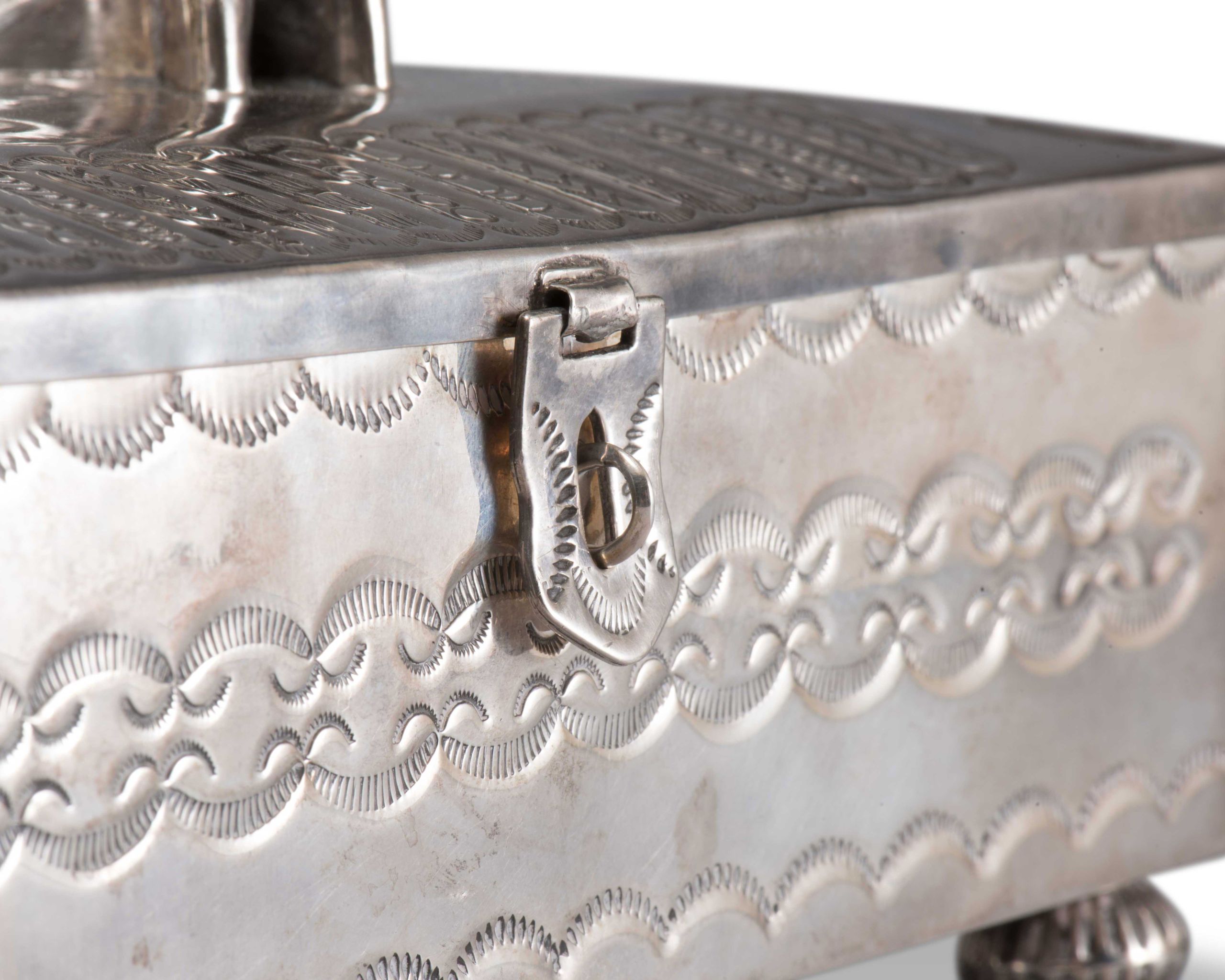 Navajo Silver Box with Zuni Inlaid Dog and Bird Motif
