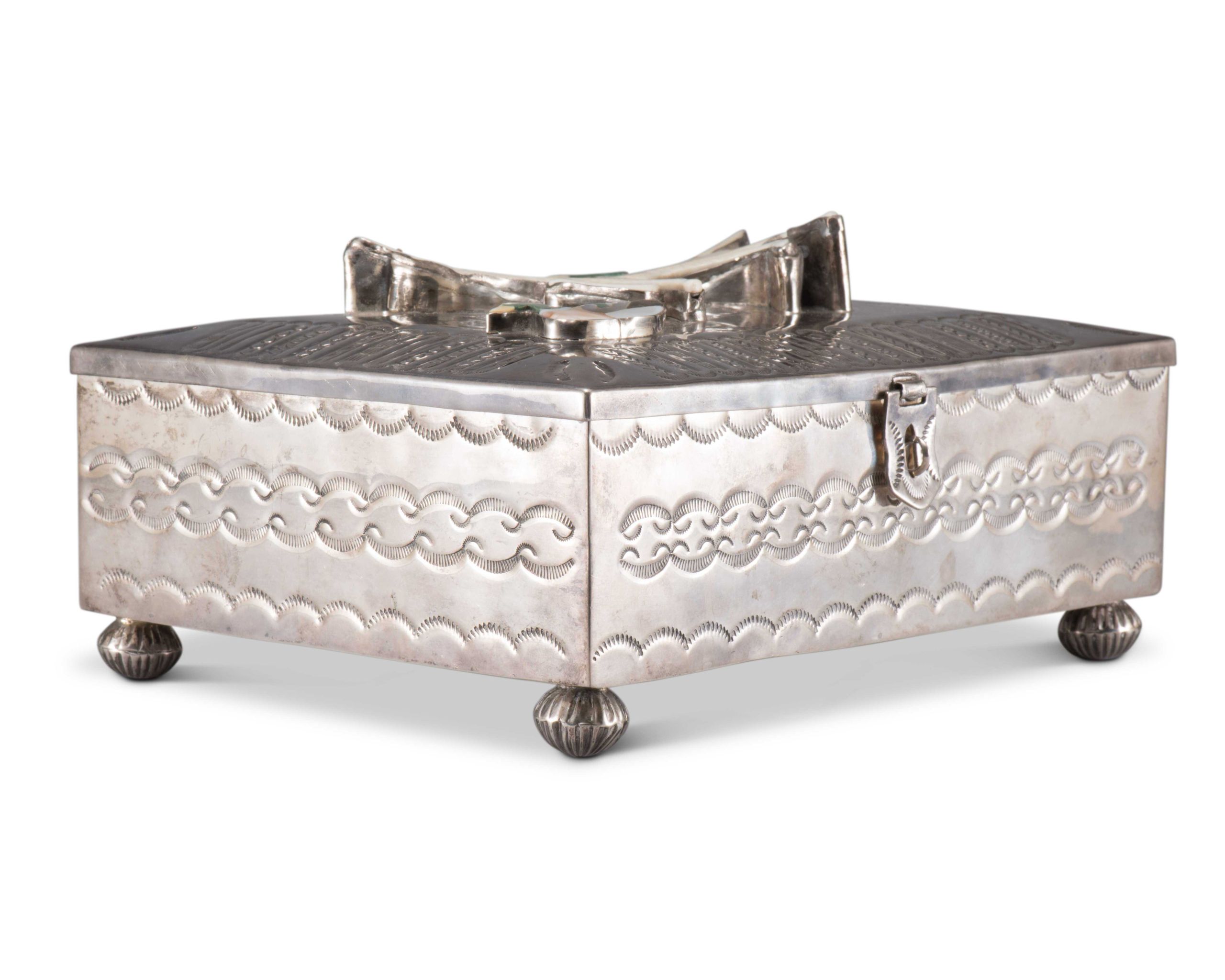 Navajo Silver Box with Zuni Inlaid Dog and Bird Motif