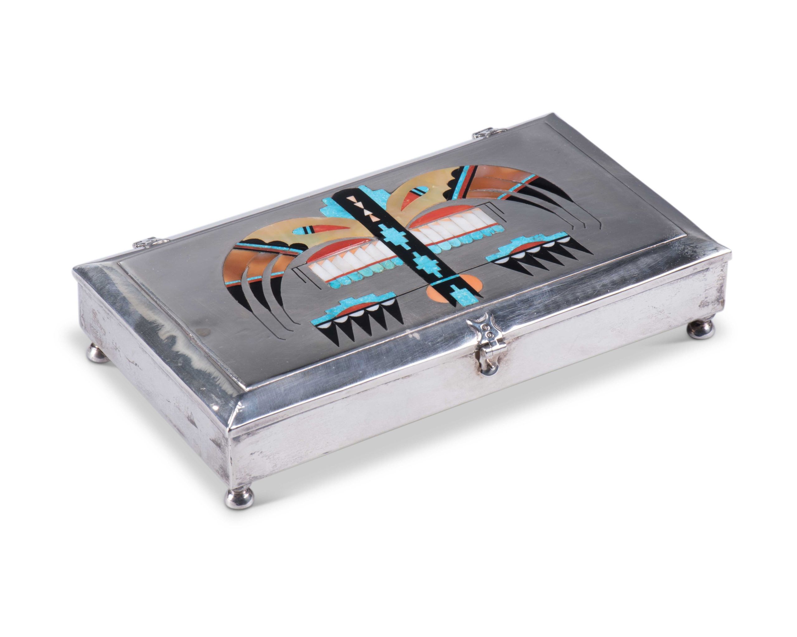 Navajo Silver Box with Zuni Inlay