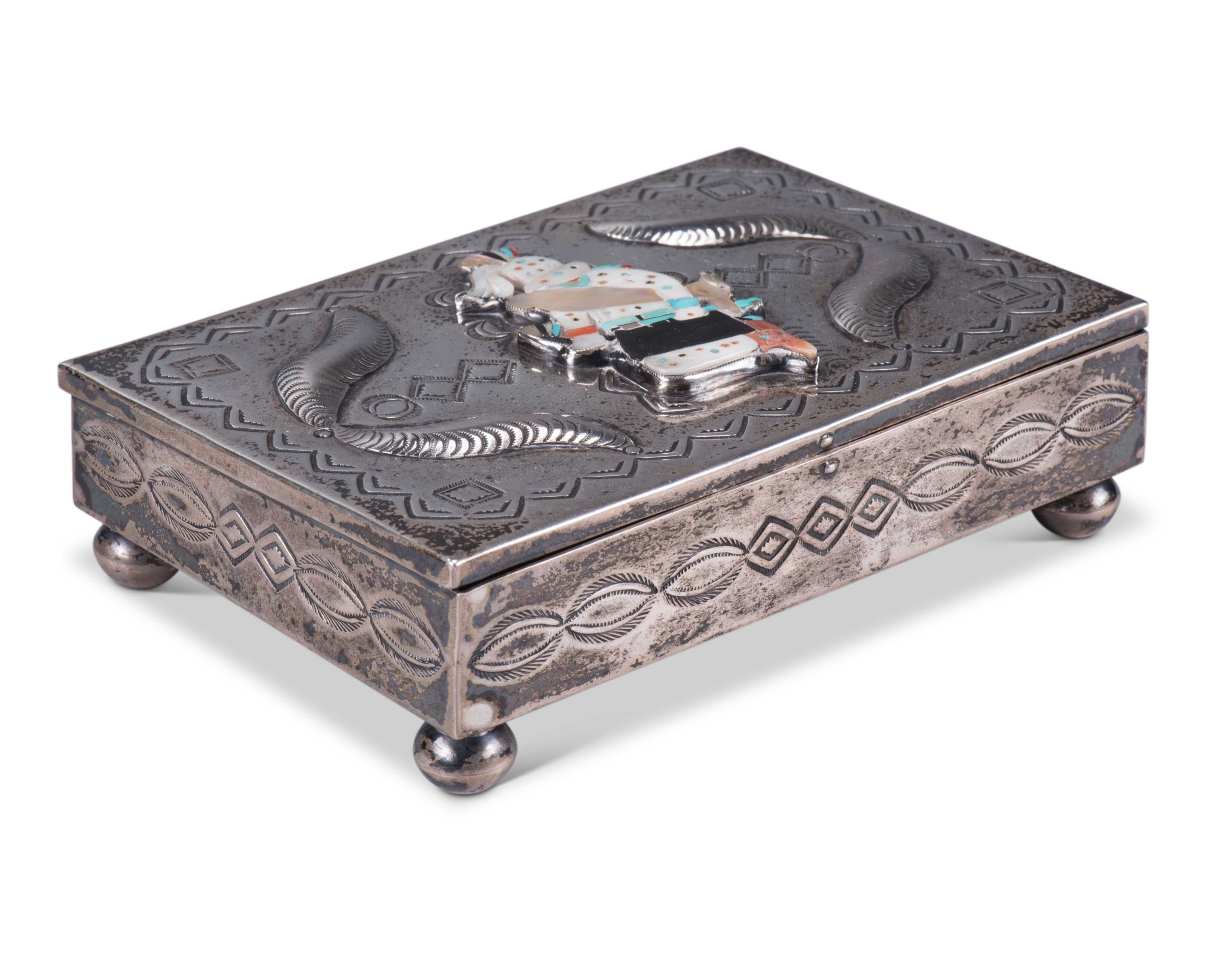 Walter Nahktewa Silver Box with Zuni White Fire God