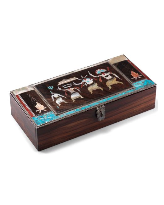 Elliott Qualo Silver and Wood Box with Inlaid Apache Gaan Dancers