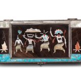 Elliott Qualo Silver and Wood Box with Inlaid Apache Gaan Dancers