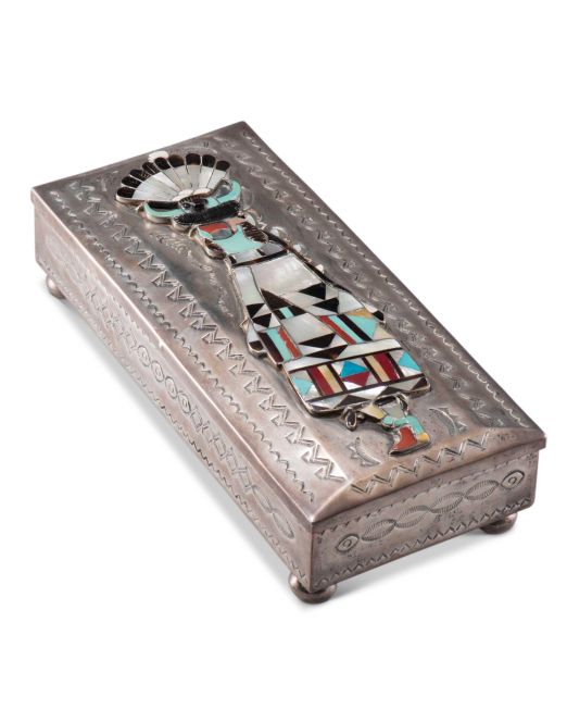 John Hoskie and Eddie Beyuka Silver Box with Inlaid Shalako