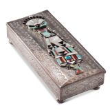 John Hoskie and Eddie Beyuka Silver Box with Inlaid Shalako