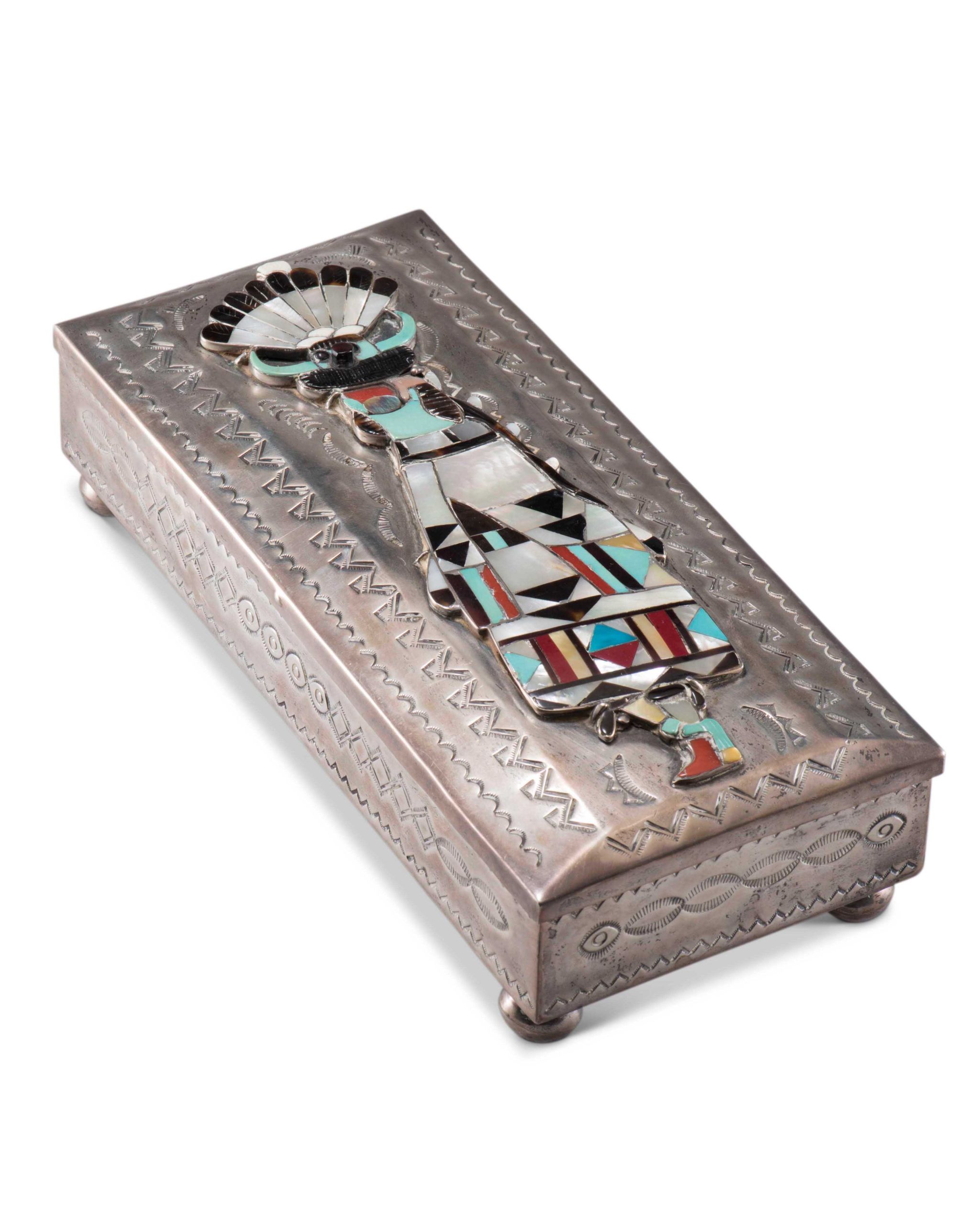 John Hoskie and Eddie Beyuka Silver Box with Inlaid Shalako