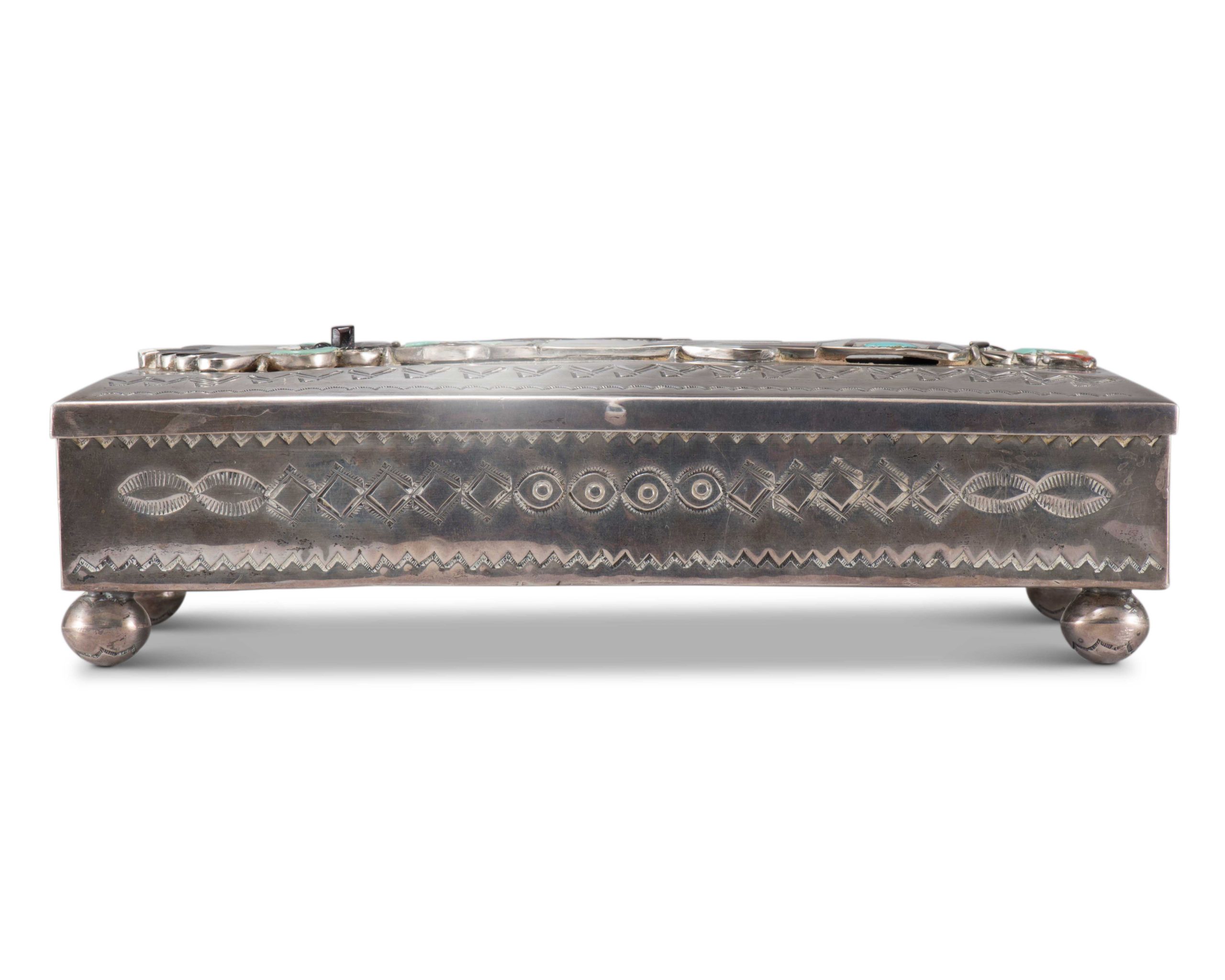 John Hoskie and Eddie Beyuka Silver Box with Inlaid Shalako