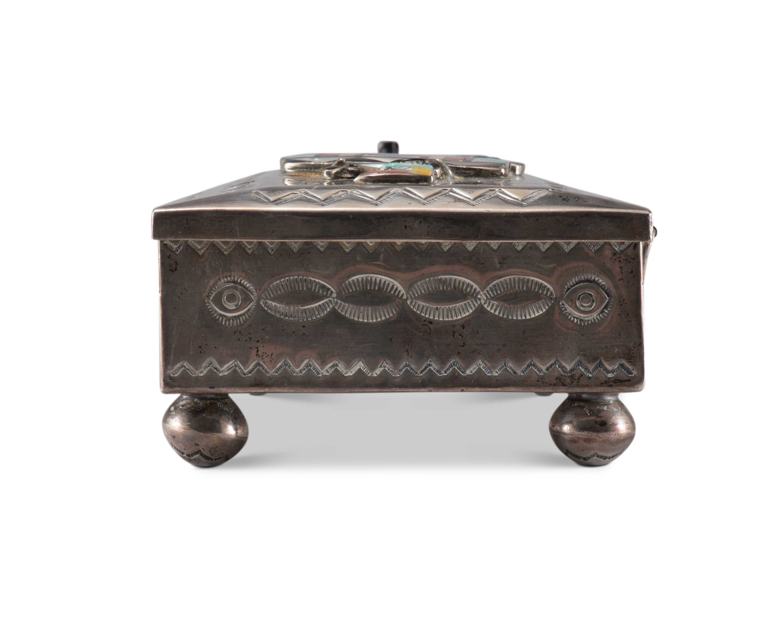 John Hoskie and Eddie Beyuka Silver Box with Inlaid Shalako