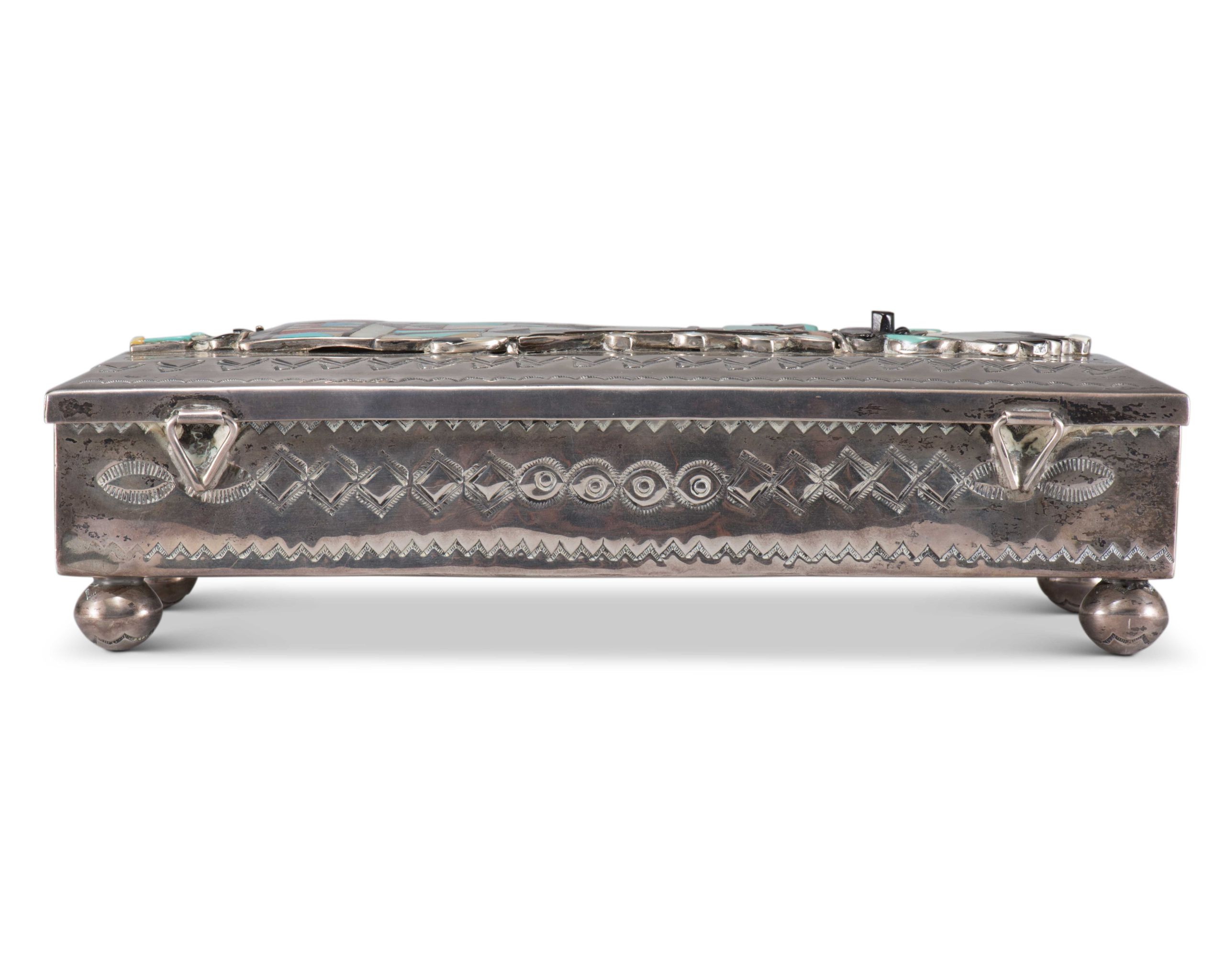 John Hoskie and Eddie Beyuka Silver Box with Inlaid Shalako