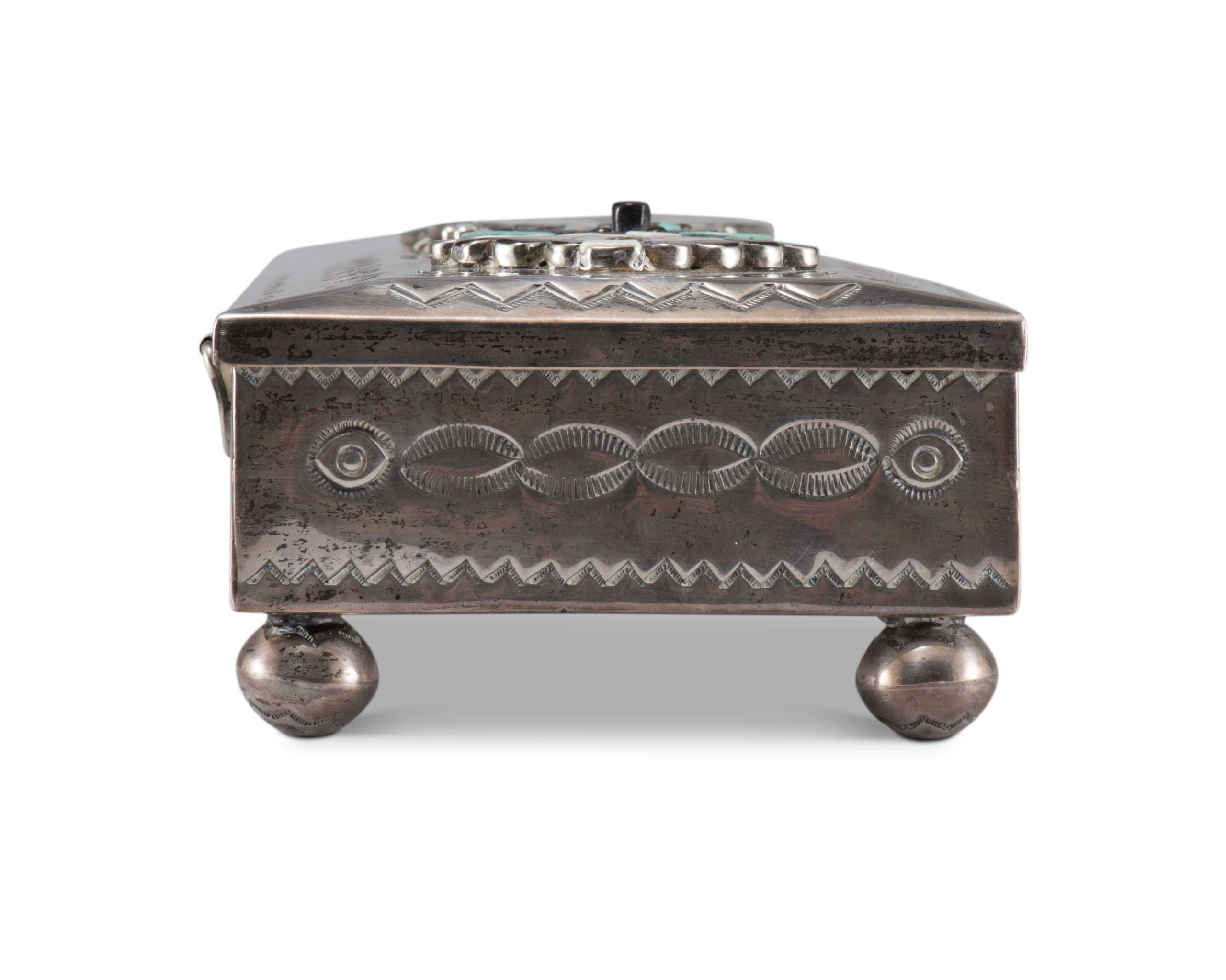 John Hoskie and Eddie Beyuka Silver Box with Inlaid Shalako