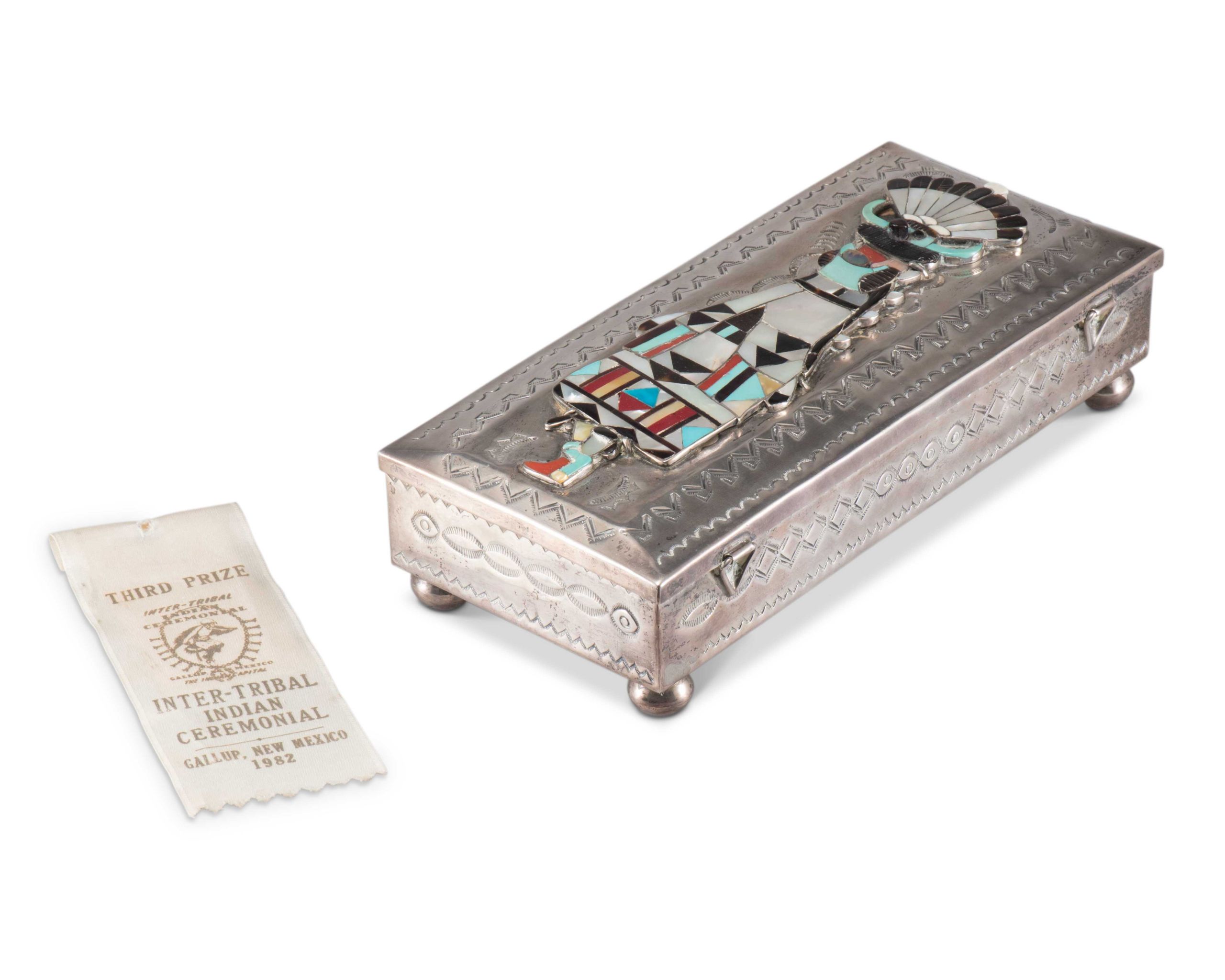 John Hoskie and Eddie Beyuka Silver Box with Inlaid Shalako