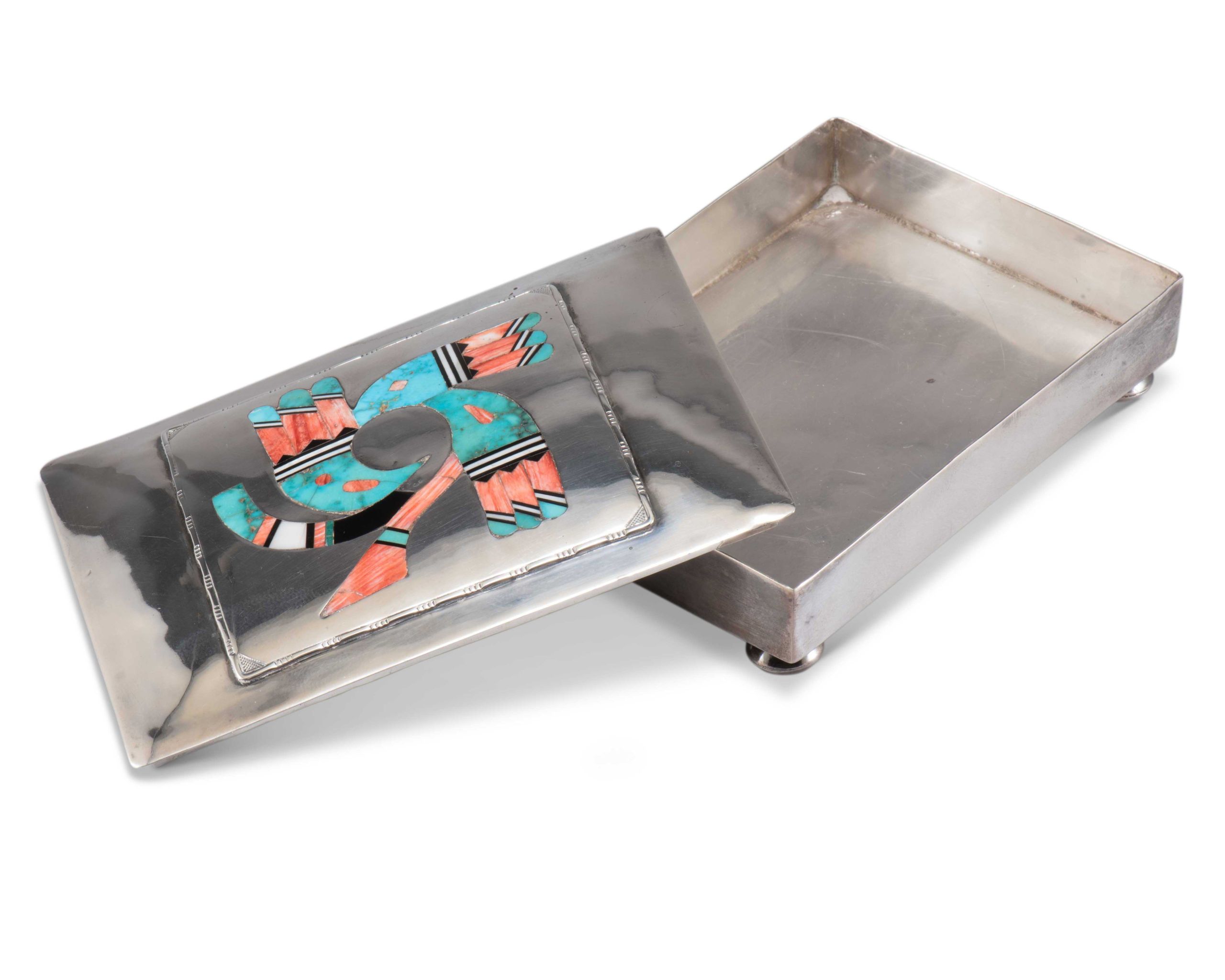 Navajo Silver Box with Zuni Inlay