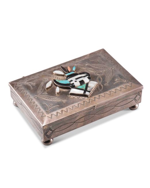 Navajo Silver Box with Zuni Inlaid One Horn Katsina