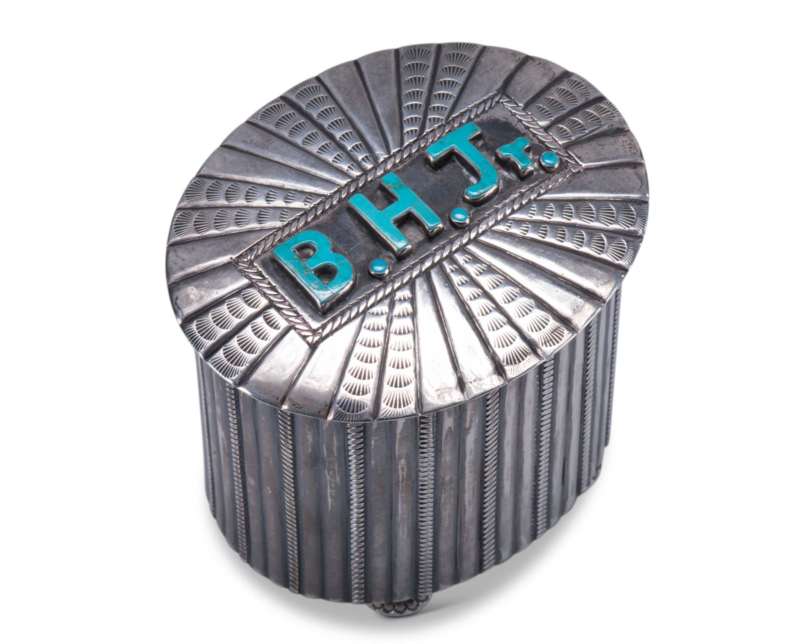 Navajo Silver Humidor with Inlaid Turquoise Monogram