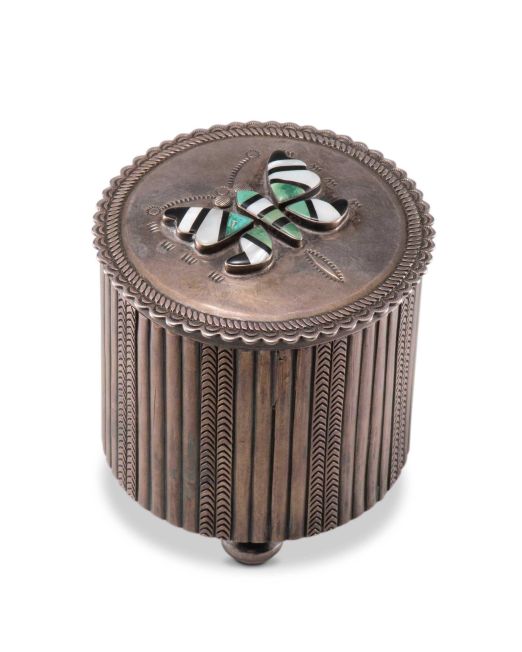 Navajo Silver Cylinder with Zuni Inlaid Butterfly