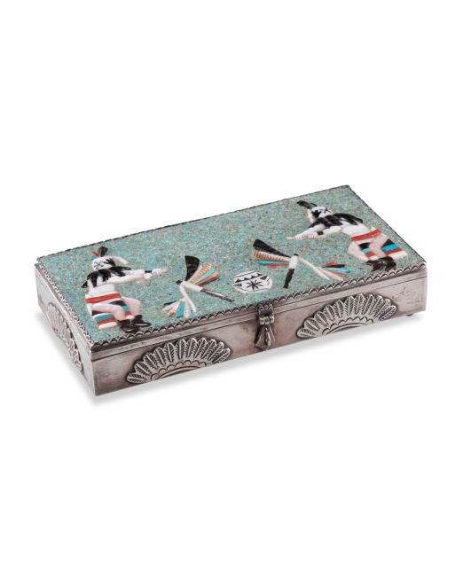 Navajo Silver Box with Crushed Turquoise and Inlaid Masked Zuni Dancers