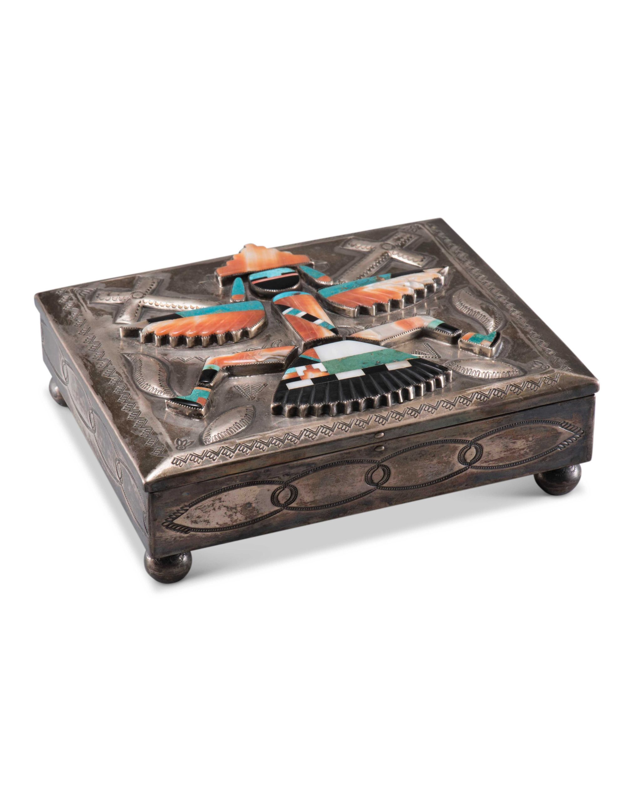 Navajo Silver Box with Zuni Knifewing Man