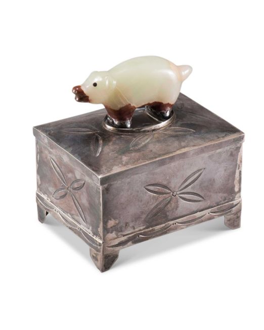 Navajo Silver Box with Leekya Deyuse Bear Fetish Carving