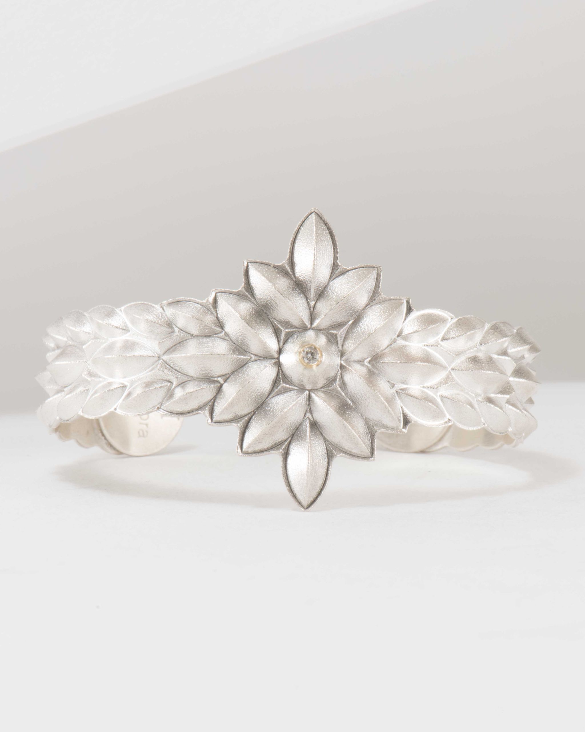 Maria Samora Matte Silver Sweet Pea Bud Cuff with Diamond