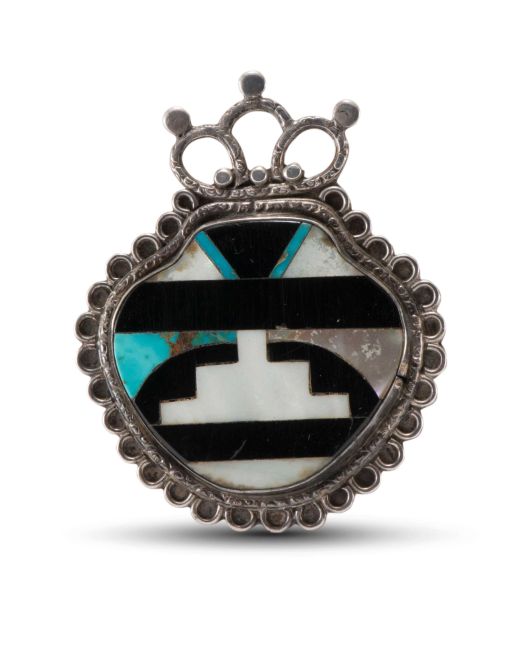 Vintage Zuni Inlay Pottery Pin with Silverwork Circa 1930s-40s