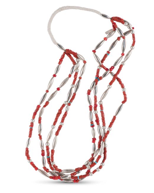 Mike Bird-Romero Four Strand Coral and Silver Beaded Necklace