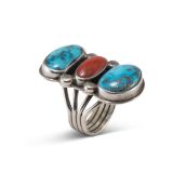 Orville Tsinnie Turquoise and Coral Ring