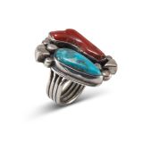 Orville Tsinnie Coral and Turquoise Ring