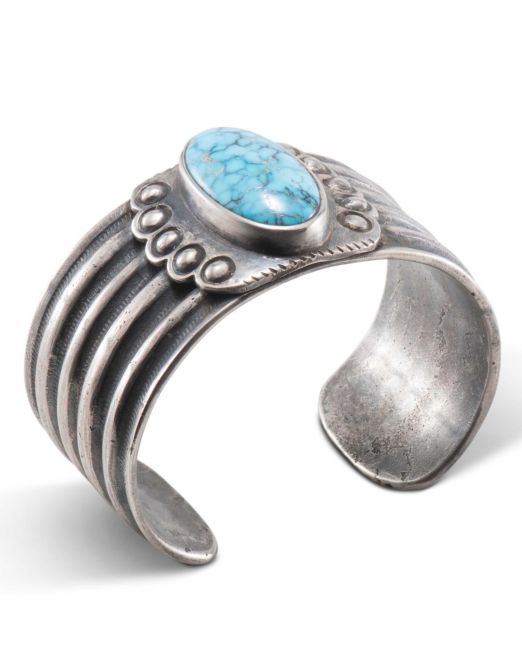 Jesse Robbins Kingman Turquoise and Coin Silver Cuff