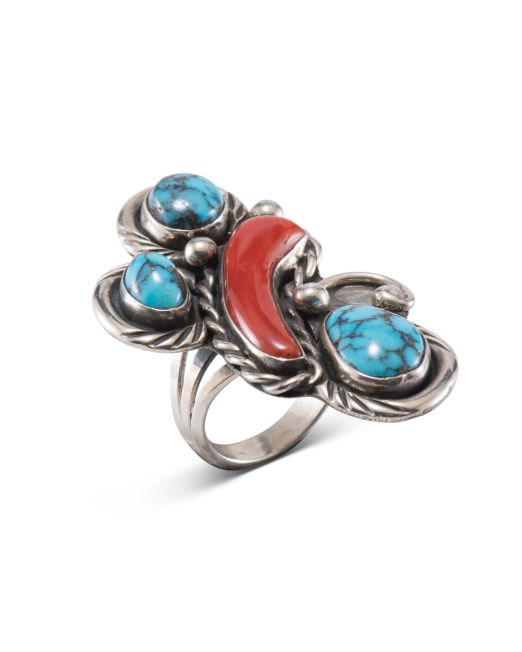 Vintage Navajo Turquoise and Coral Ring