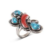 Vintage Navajo Turquoise and Coral Ring