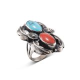 Carl Luthy Turquoise and Coral Ring