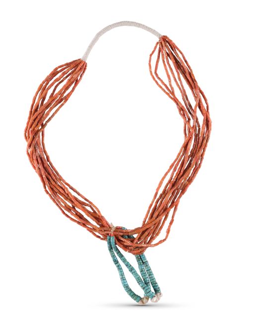 Vintage Navajo Ten Strand Coral Necklace with Turquoise Jacla
