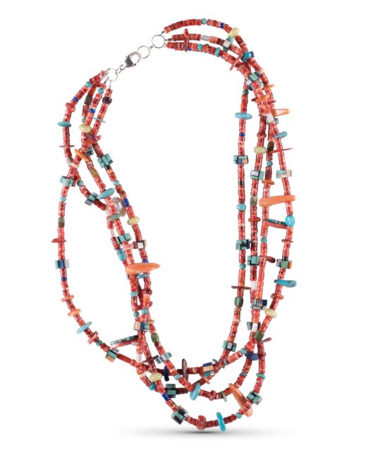 Charlene Reano Four Strand Shell Necklace with Mosaic Inlay Beads