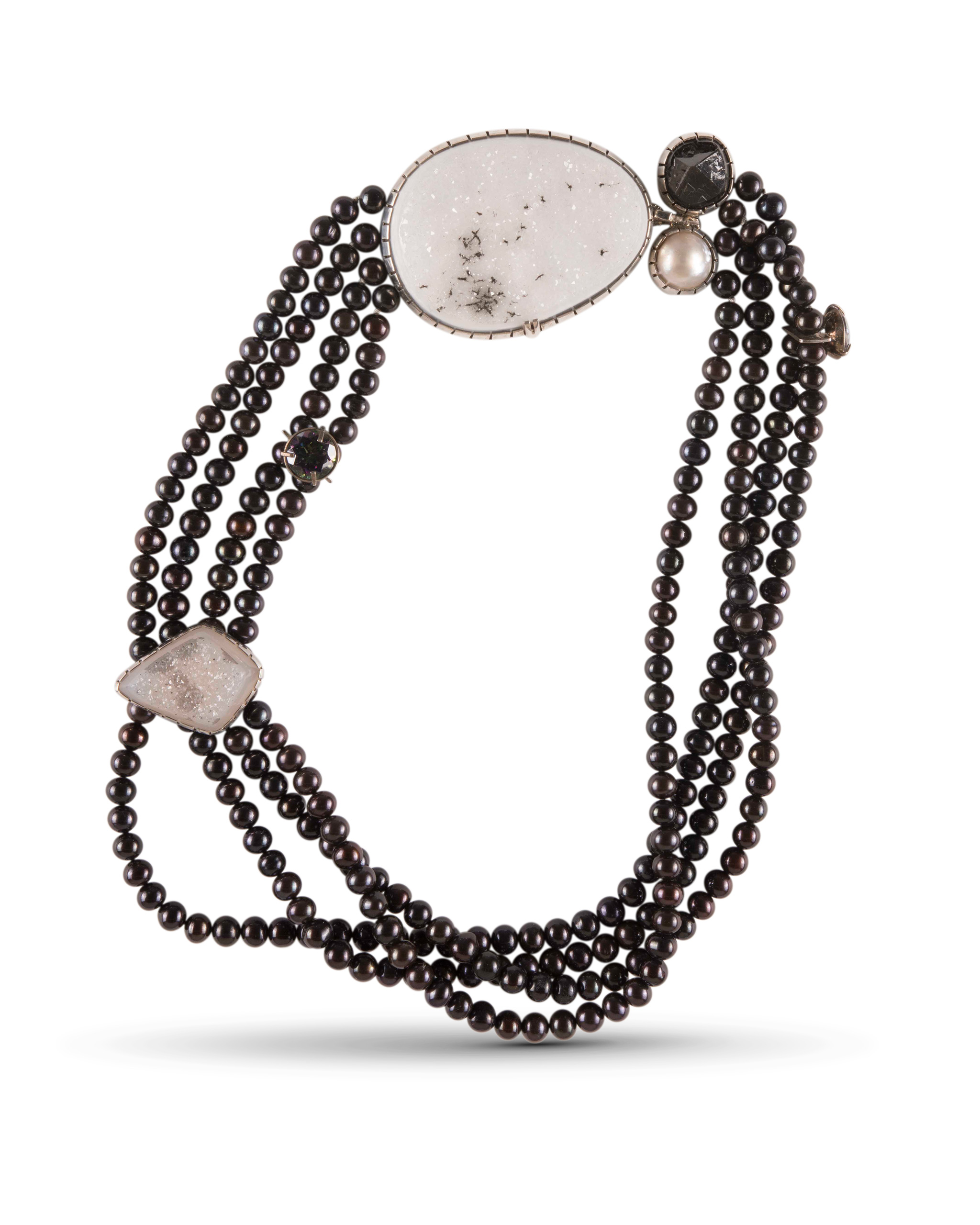 Orlando Dugi Four Strand Black Pearl Necklace with Druzy Quartz