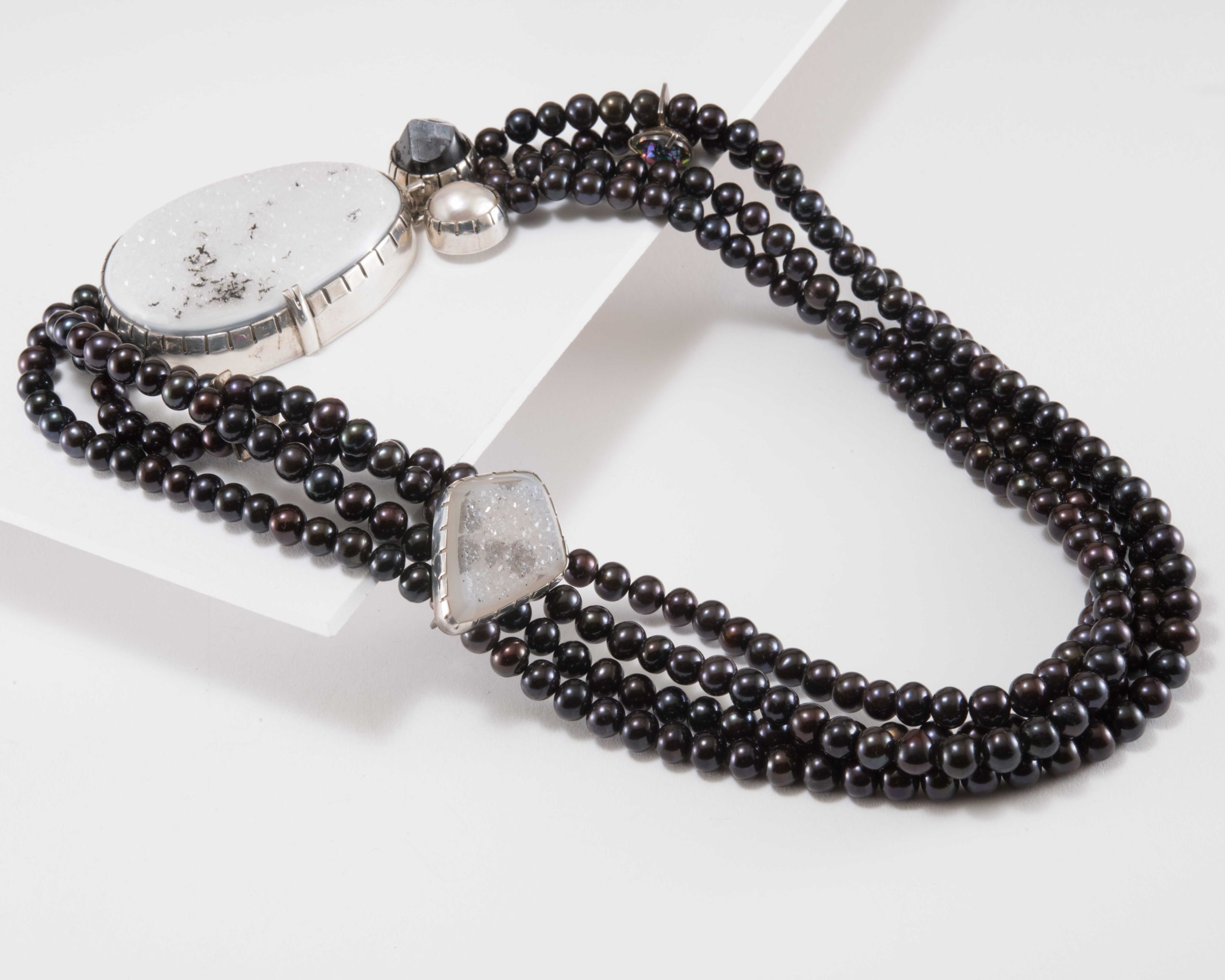 Orlando Dugi Four Strand Black Pearl Necklace with Druzy Quartz