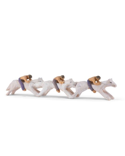 Jorge Lovato Three Horse Racers Miniature Wood Carving