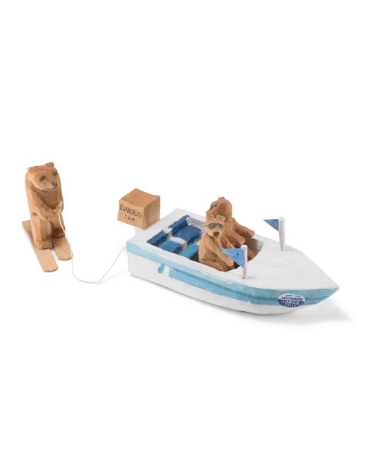 Jorge Lovato Ski Boat with Bears Wood Carving