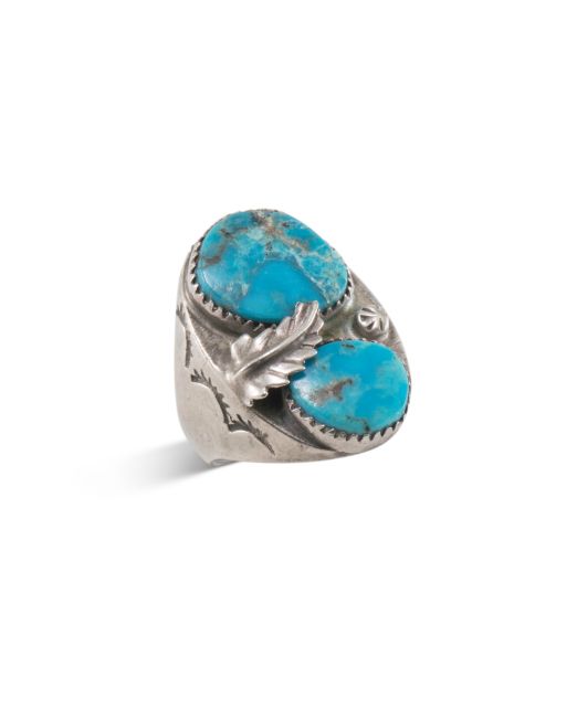 Navajo Two Stone Turquoise Ring with Leaf Accent