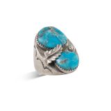 Navajo Two Stone Turquoise Ring with Leaf Accent