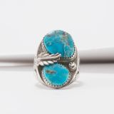 Navajo Two Stone Turquoise Ring with Leaf Accent