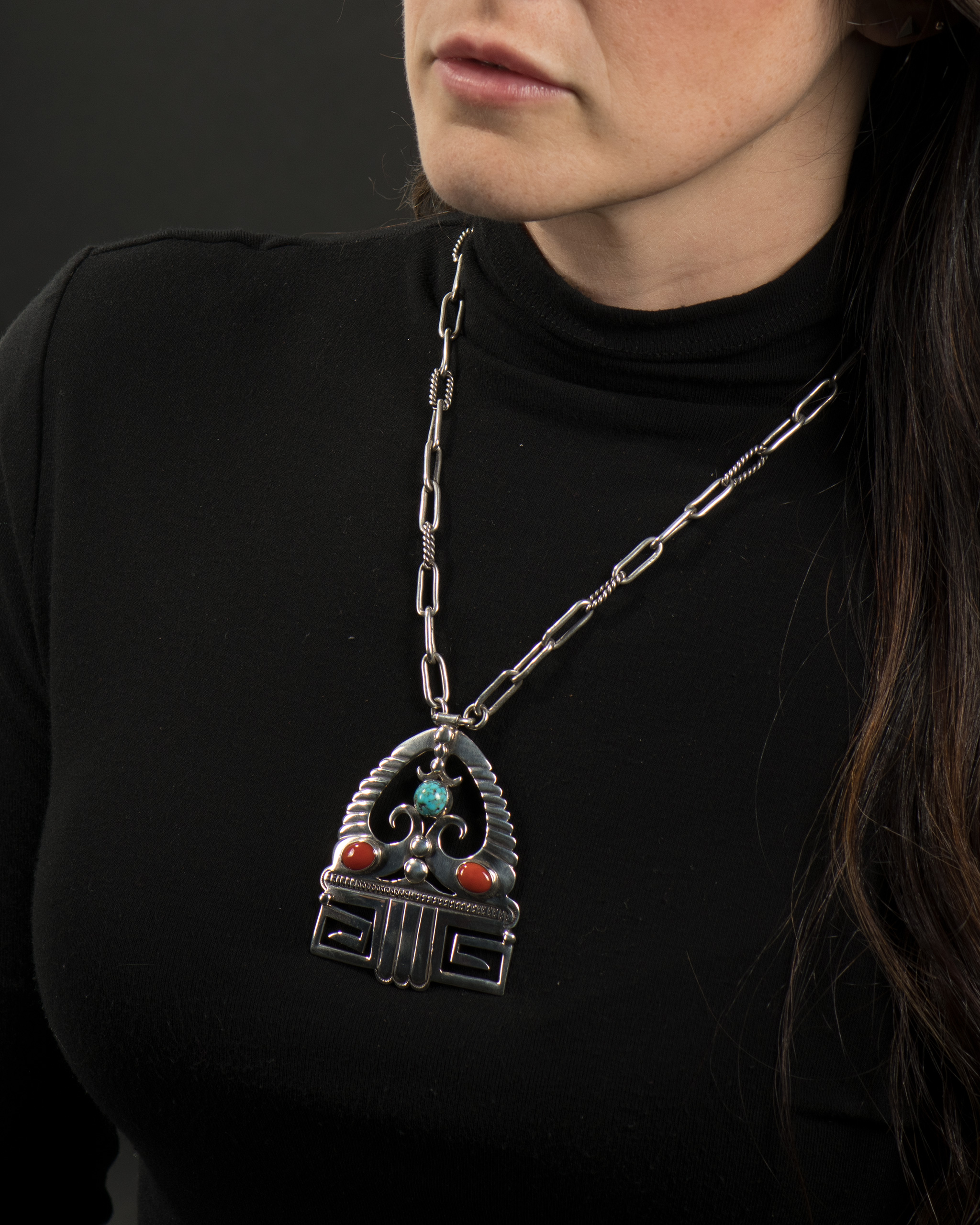 Lewis Lomay Coral, Turquoise and Silver Necklace