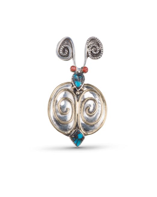 Carol Krena 18Kt Gold, Coral and Bisbee Turquoise Bug Pin